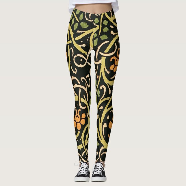 William Morris Black Floral Art Design Leggings (Vorderseite)