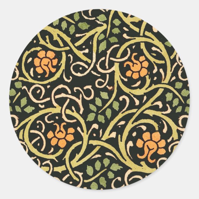 William Morris Black Floral Art Design Runder Aufkleber (Vorderseite)