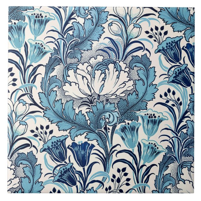 William Morris Blau-Creme-Blumenmuster Fliese (Vorderseite)