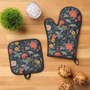 William Morris Blau Türkis Arts & Crafts Floral Ofenhandschuh & Topflappen-Set