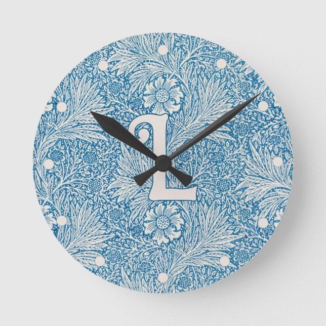 William Morris Blue Marigold Monogram 1 Runde Wanduhr (Vorderseite)