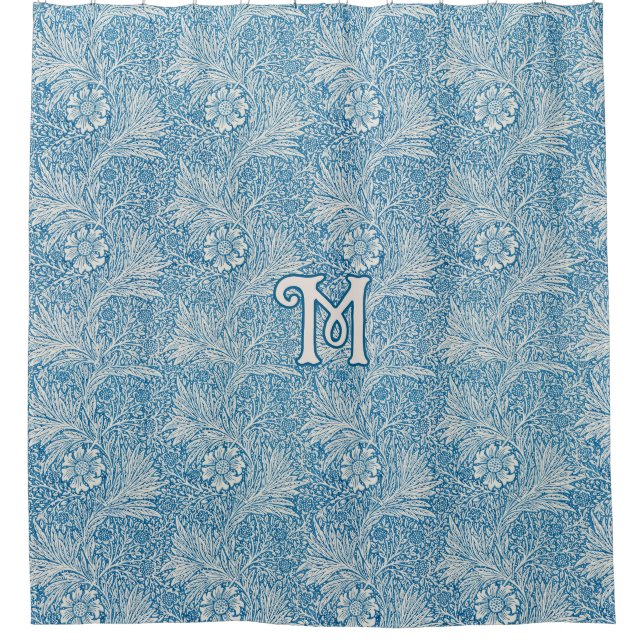 William Morris Blue Marigold Monogram Duschvorhang (Vorderseite)