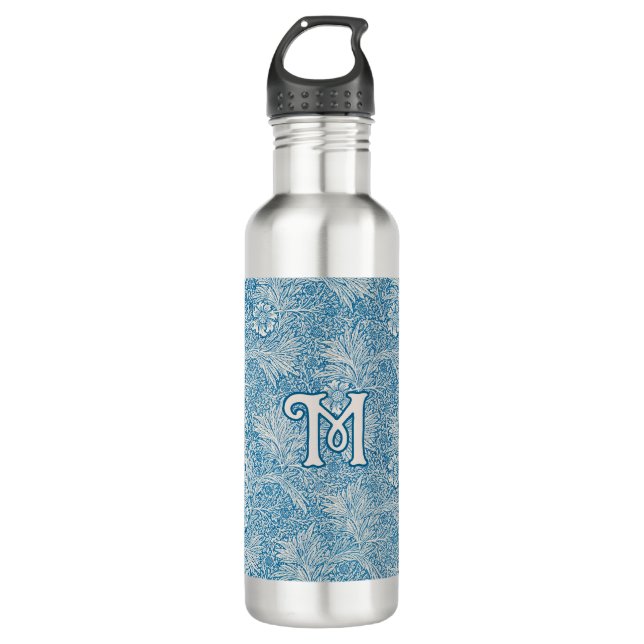 William Morris Blue Marigold Monogram Edelstahlflasche (Vorderseite)