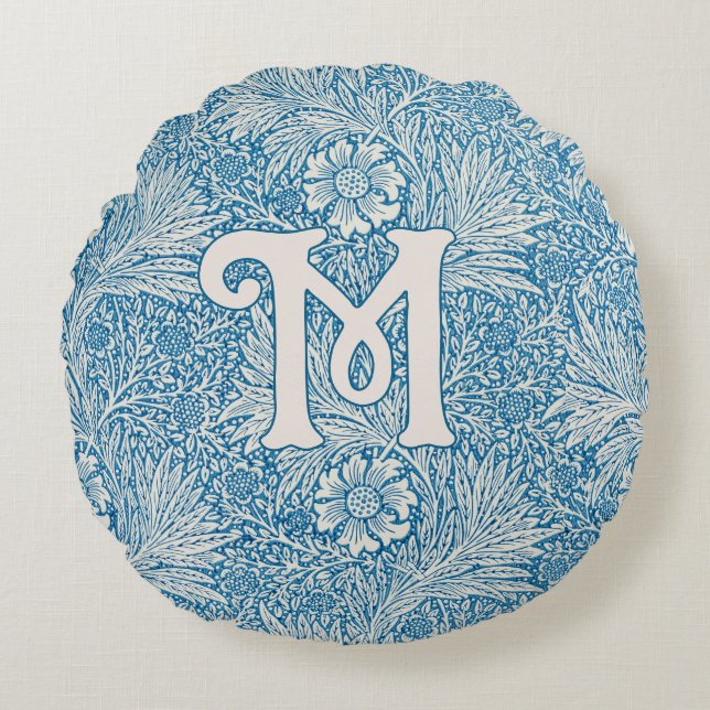 William Morris Blue Marigold Monogram Rundes Kissen (Vorderseite)