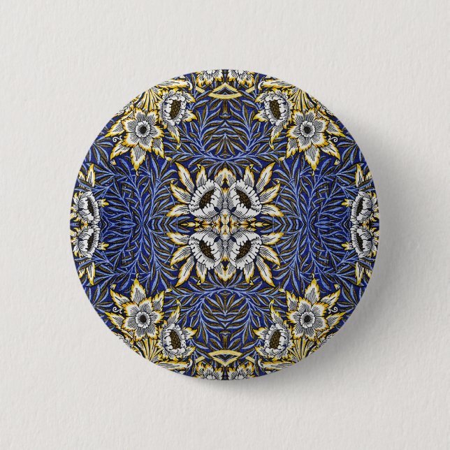 William Morris Blue und Gold Tulip Willow Design Button (Vorderseite)