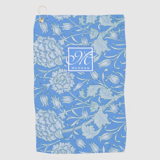 William Morris - Blue Wild Tulips & Monogram Golfhandtuch (Vorderseite)