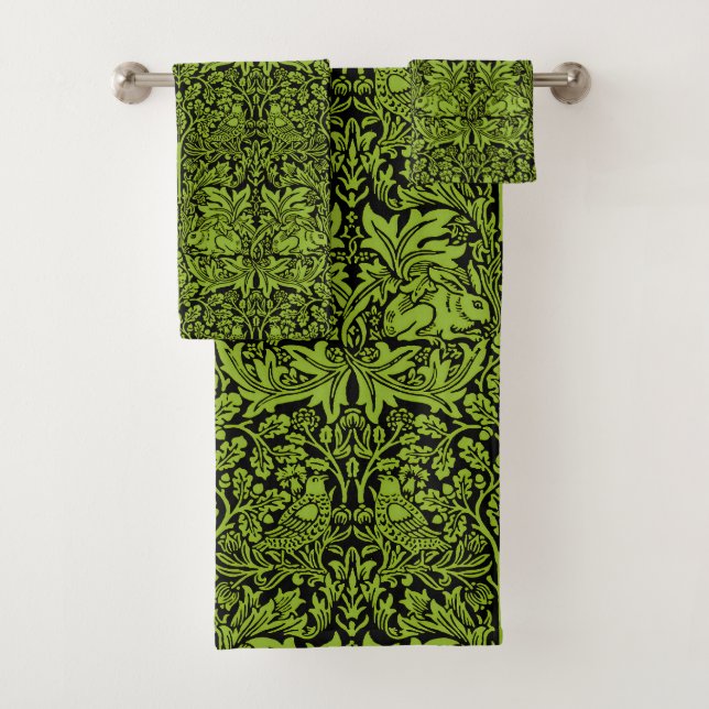 William Morris Brother Rabbit Hellgrün Schwarz Badhandtuch Set (Insitu)