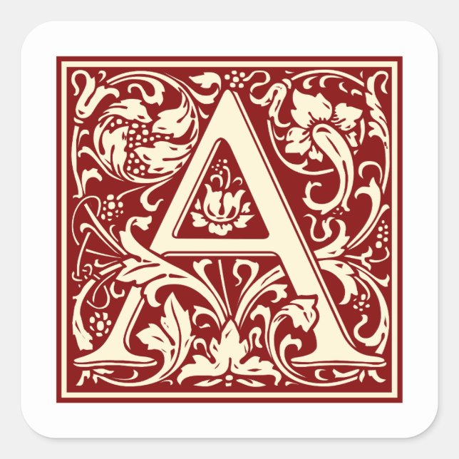 William Morris Buchstabe A Monogramm Initiale Rot Quadratischer Aufkleber (Vorderseite)