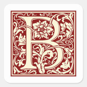 William Morris Buchstabe B Monogramm Initiale Rot Quadratischer Aufkleber