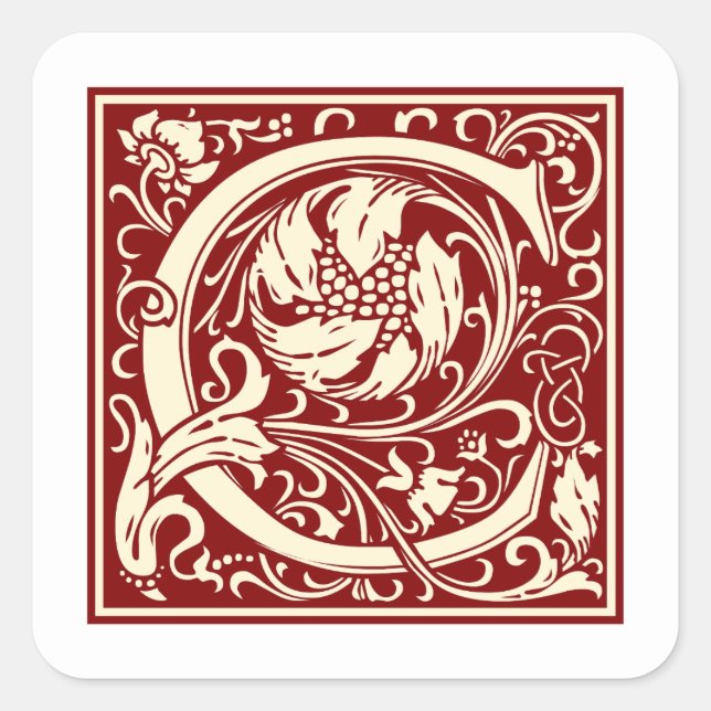 William Morris Buchstabe C Monogramm Initiale Rot Quadratischer Aufkleber (Vorderseite)