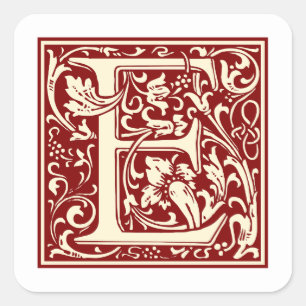 William Morris Buchstabe E Monogramm Initiale Rot Quadratischer Aufkleber