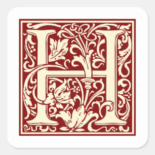 William Morris Buchstabe H Monogramm Initiale Rot Quadratischer Aufkleber