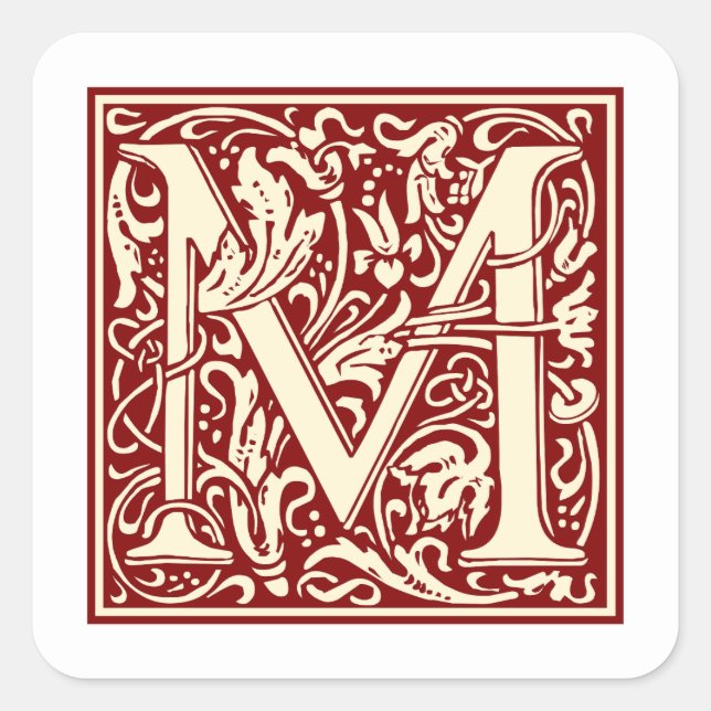 William Morris Buchstabe M Monogramm Initiale Rot Quadratischer Aufkleber (Vorderseite)