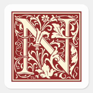 William Morris Buchstabe N Monogramm Initiale Rot Quadratischer Aufkleber
