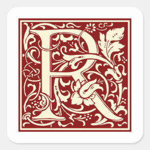 William Morris Buchstabe R Monogramm Initiale Rot Quadratischer Aufkleber