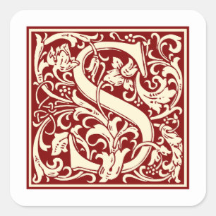 William Morris Buchstabe S Monogramm Initiale Rot Quadratischer Aufkleber