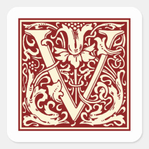 William Morris Buchstabe V Monogramm Initial Rot Quadratischer Aufkleber