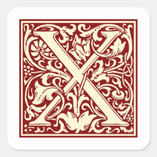 William Morris Buchstabe X Monogramm Initial Rot Quadratischer Aufkleber