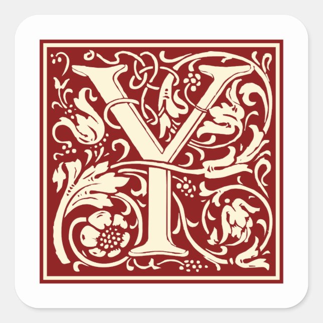 William Morris Buchstabe Y Monogramm Initial Rot Quadratischer Aufkleber (Vorderseite)