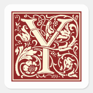 William Morris Buchstabe Y Monogramm Initial Rot Quadratischer Aufkleber