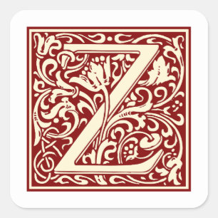 William Morris Buchstabe Z Monogramm Initiale Rot Quadratischer Aufkleber