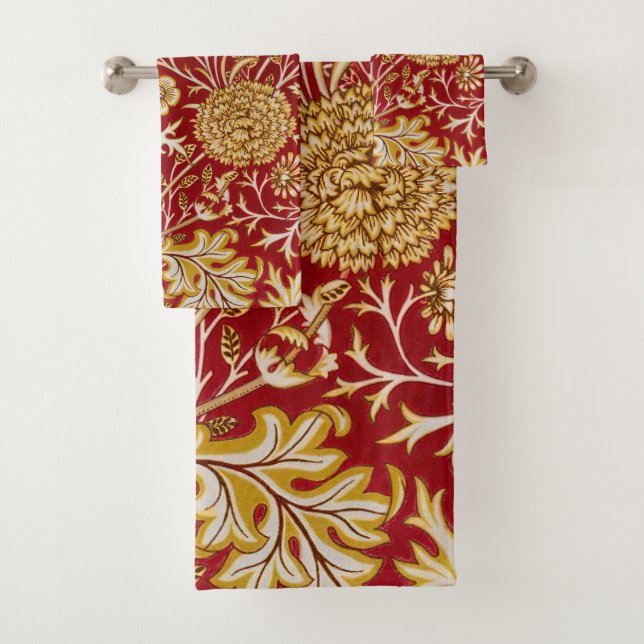 William Morris Cherwell Floral Pattern Red Badhandtuch Set (Insitu)