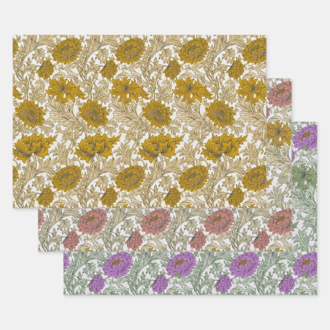 William Morris Chrysanthemum Blumengolden Rot Geschenkpapier Set (Set)