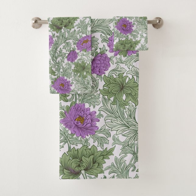 William Morris Chrysanthemum Floral Lila Green Badhandtuch Set (Insitu)
