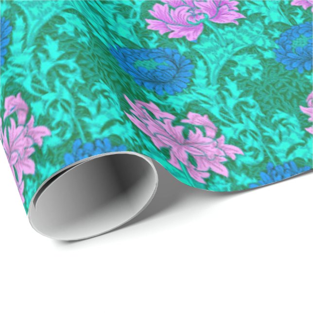 William Morris Chrysanthemums, Aqua und Violet Geschenkpapier (Rolleneckpunkt)