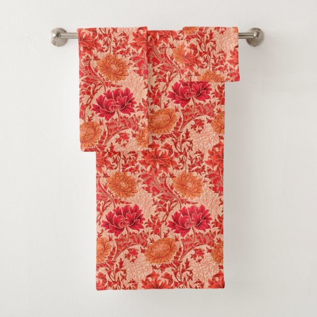 William Morris Chrysanthemums, Coral Orange Badhandtuch Set (Insitu)