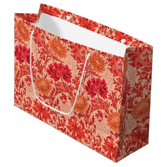 William Morris Chrysanthemums, Coral Orange Große Geschenktüte (Vorderseite Schrägansicht)