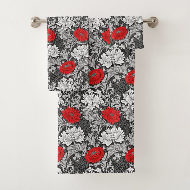 William Morris Chrysanthemums, grau und rot Badhandtuch Set (Insitu)