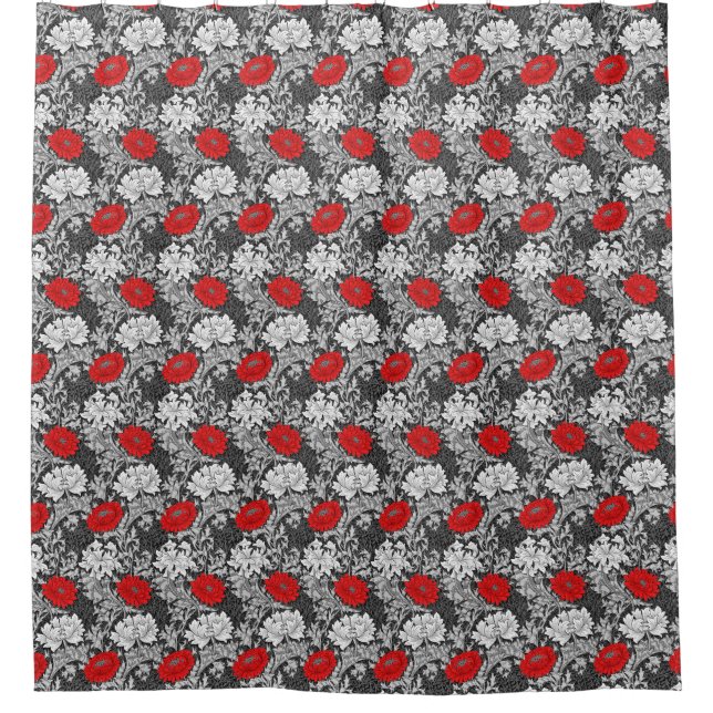 William Morris Chrysanthemums, grau und rot Duschvorhang (Vorderseite)