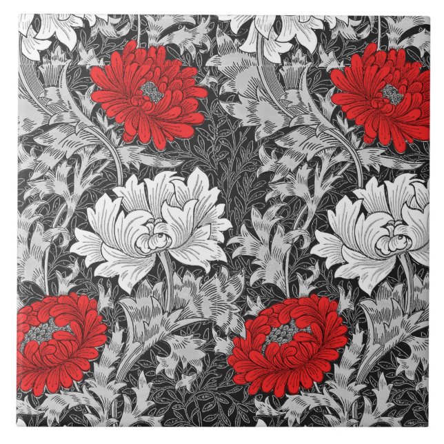 William Morris Chrysanthemums, grau und rot Fliese (Vorderseite)