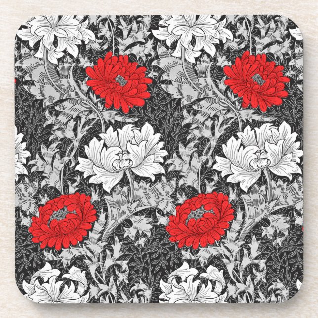 William Morris Chrysanthemums, grau und rot Getränkeuntersetzer (Vorderseite)