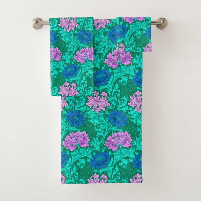 William Morris Chrysanthemums, Lime Green & Aqua Badhandtuch Set (Insitu)