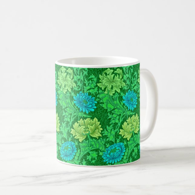 William Morris Chrysanthemums, Lime Green & Aqua Kaffeetasse (VorderseiteRechts)