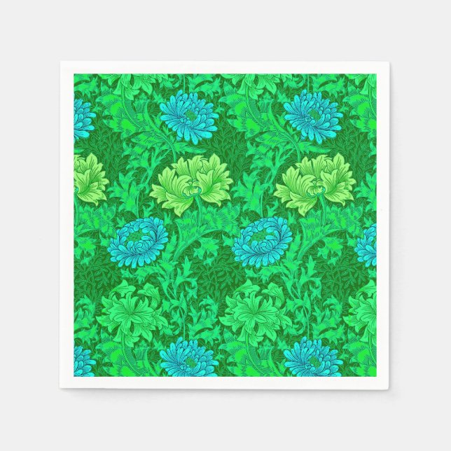 William Morris Chrysanthemums, Lime Green & Aqua Serviette (Vorderseite)