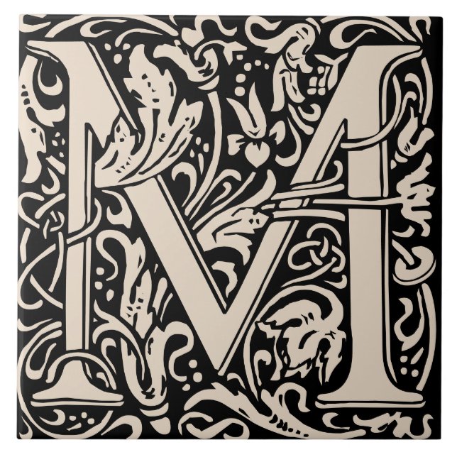 William Morris Cream Monogramm Buchstabe M Fliese (Vorderseite)
