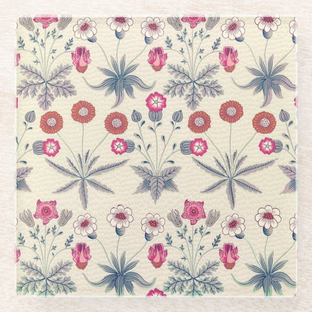 William Morris Daisy Floral Pattern Red Orange Glasuntersetzer (Vorderseite)