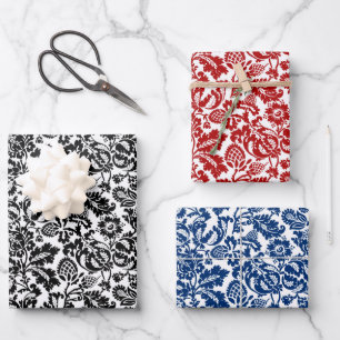 William Morris Damask Black & White, Red, Blue Geschenkpapier Set