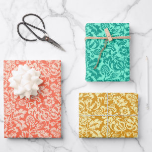 William Morris Damast Koralle, Türkis und Gold Geschenkpapier Set