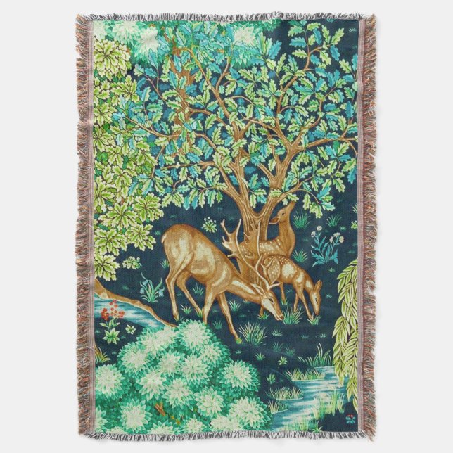 William Morris Deer by a Brook Tapestry Decke (Vorderseite Vertikal)