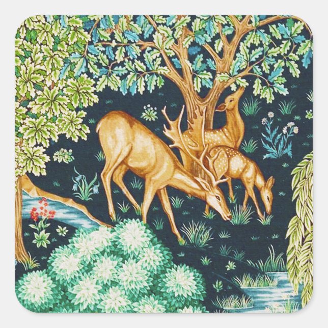 William Morris Deer by a Brook Tapestry Quadratischer Aufkleber (Vorderseite)