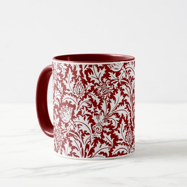 William Morris-Distel-Damast, dunkelrot u. weiß Tasse (Vorderseite Links)