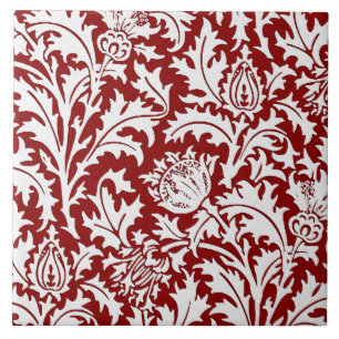 William Morris Distel Damast, Dunkelrot und Weiß Fliese