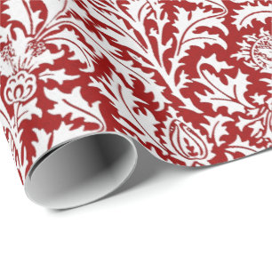 William Morris Distel Damast, Dunkelrot und Weiß Geschenkpapier