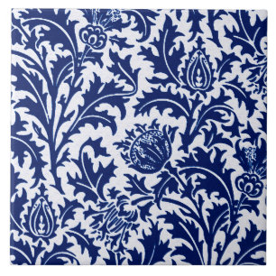 William Morris Distel Damast, Kobaltblau und Weiß Fliese