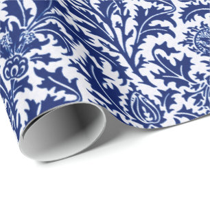 William Morris Distel Damast, Kobaltblau und Weiß Geschenkpapier