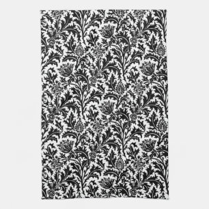 William Morris Distel Damast, Schwarz auf Weiß Geschirrtuch